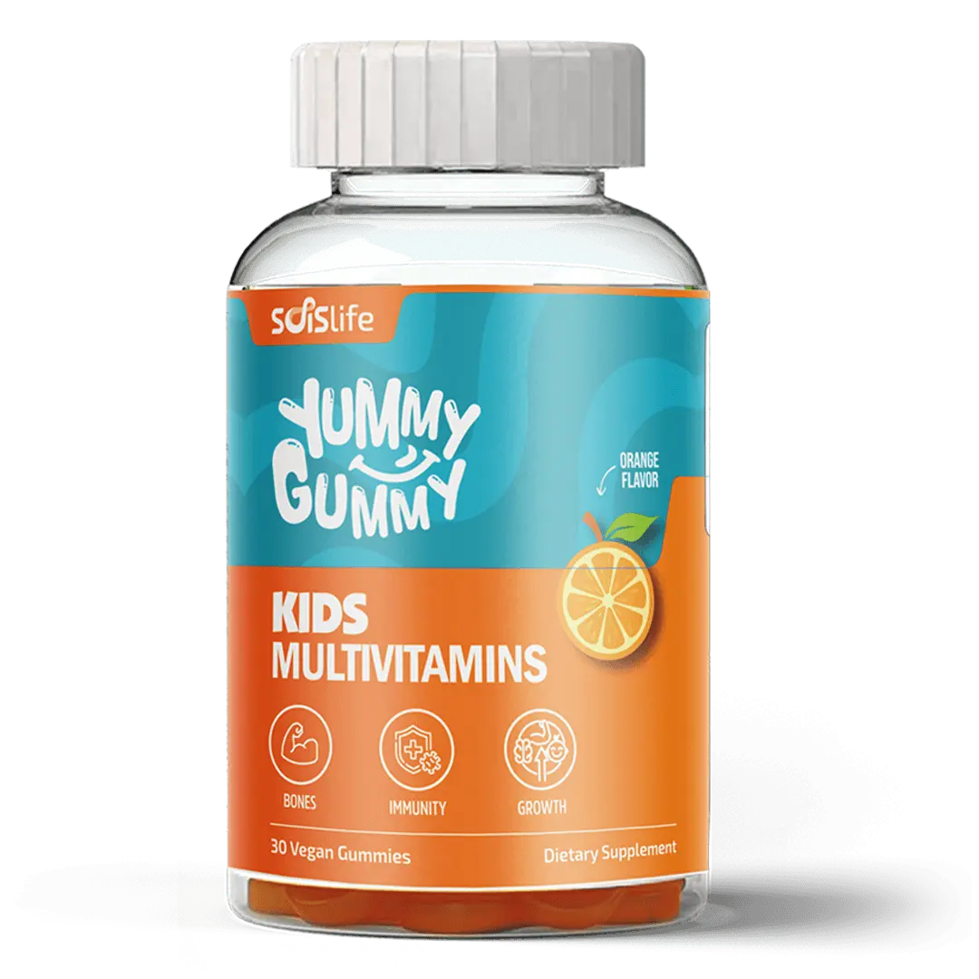 Bottle of Soislife Yummy Gummy Kids Multivitamins with orange flavor on a white background