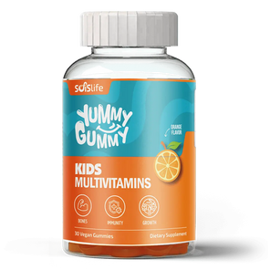 Bottle of Soislife Yummy Gummy Kids Multivitamins with orange flavor on a white background