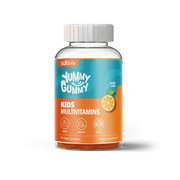 Bottle of kids multivitamins with orange flavor on a white background