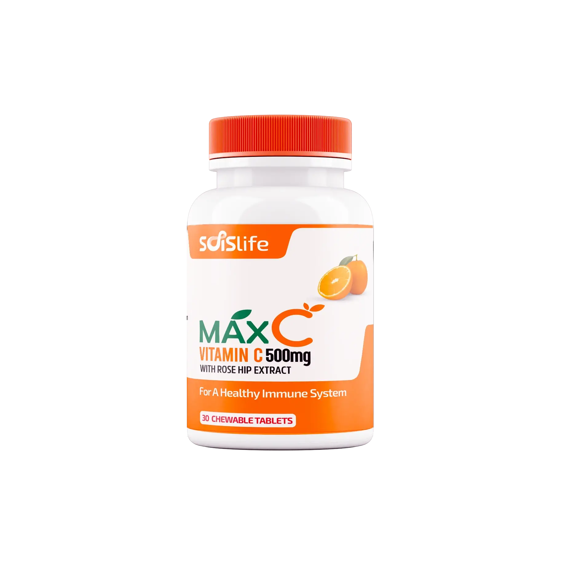 Supplement bottle labeled 'MAX C Vitamin C 500mg' with an orange cap on a white background