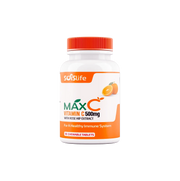 Supplement bottle labeled 'MAX C Vitamin C 500mg' with an orange cap on a white background