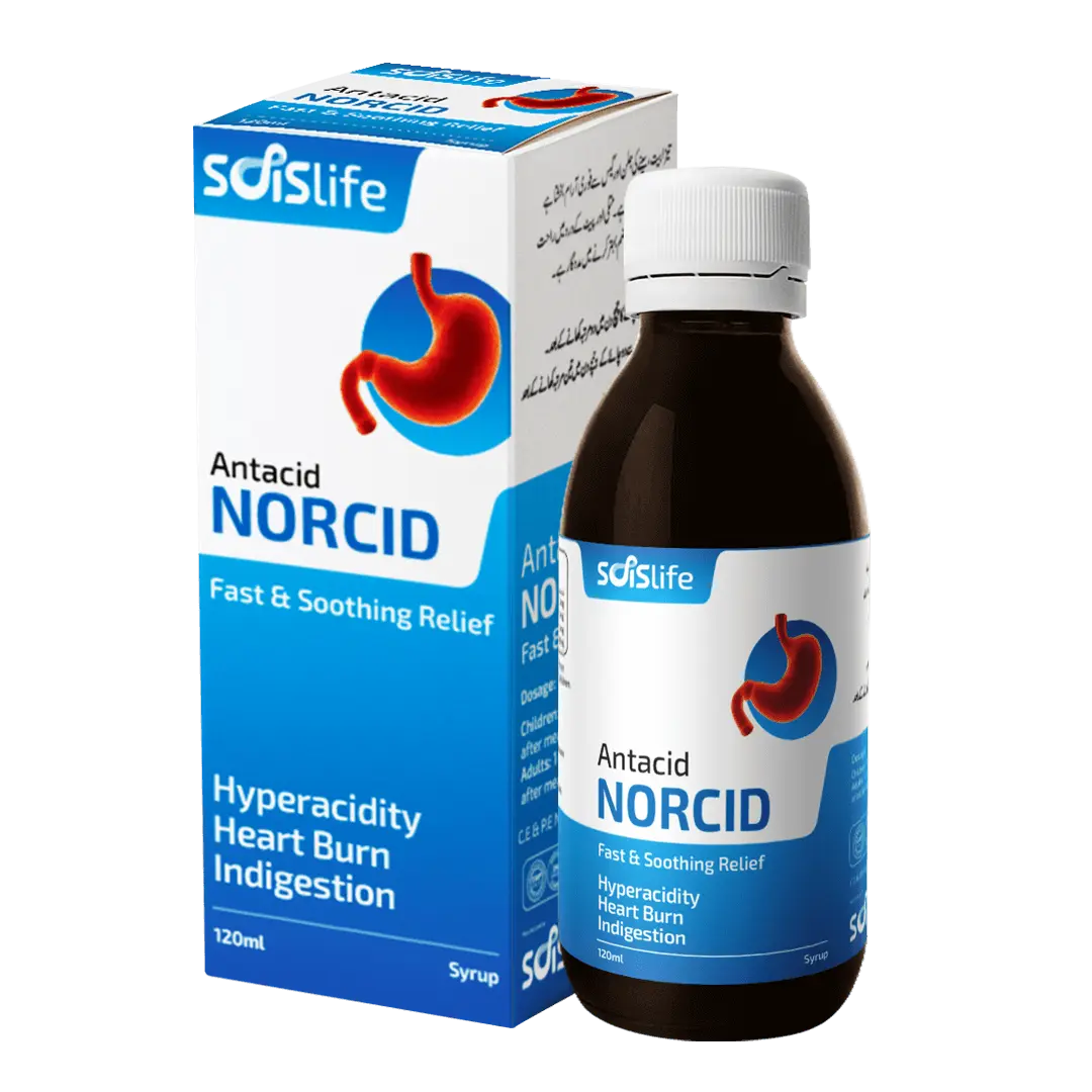 Bottle of Antacid Norcid with Solslife branding on a white background