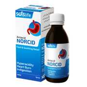 Antacid Norcid bottle and packaging on a white background