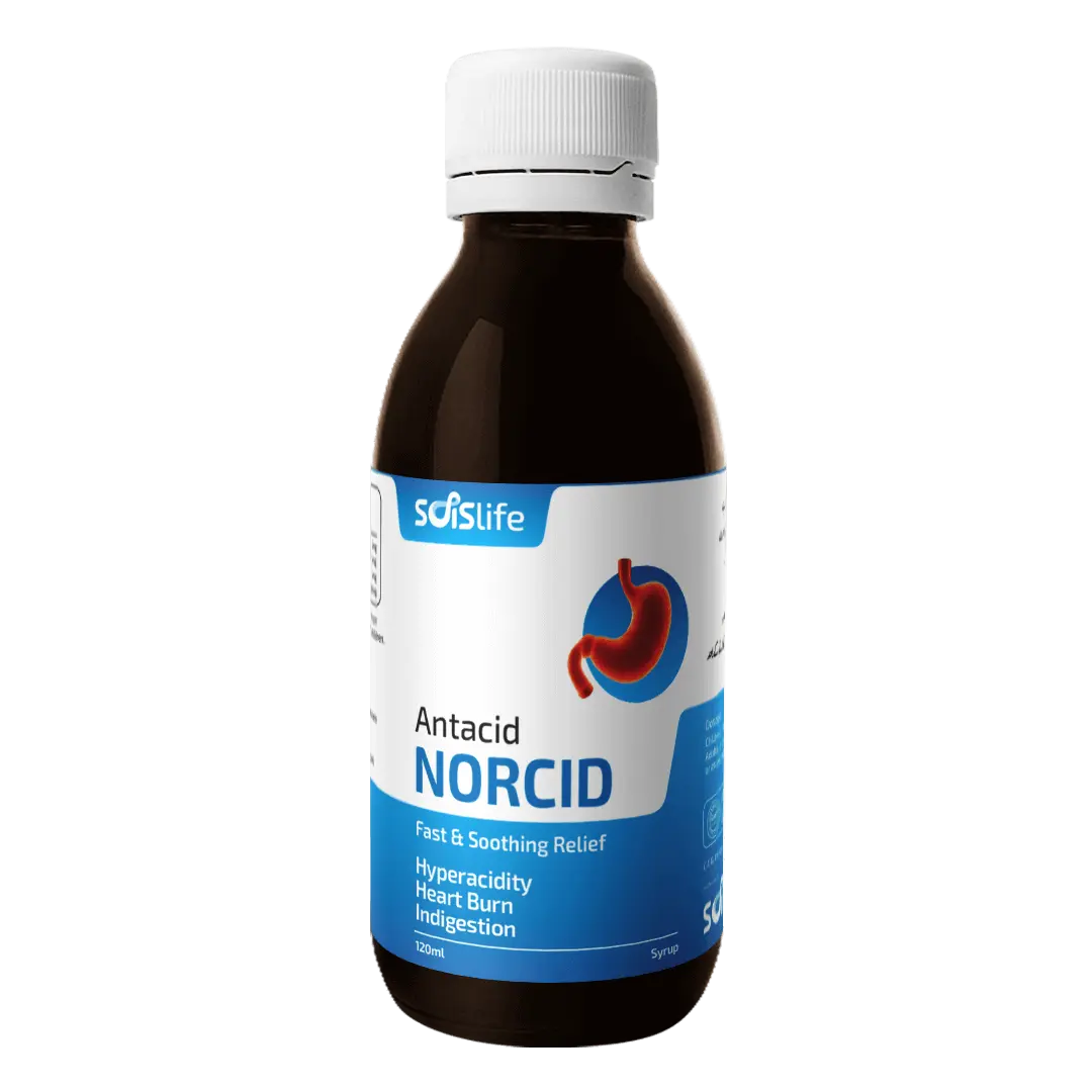 Bottle of Antacid Norcid with Solslife branding on a white background