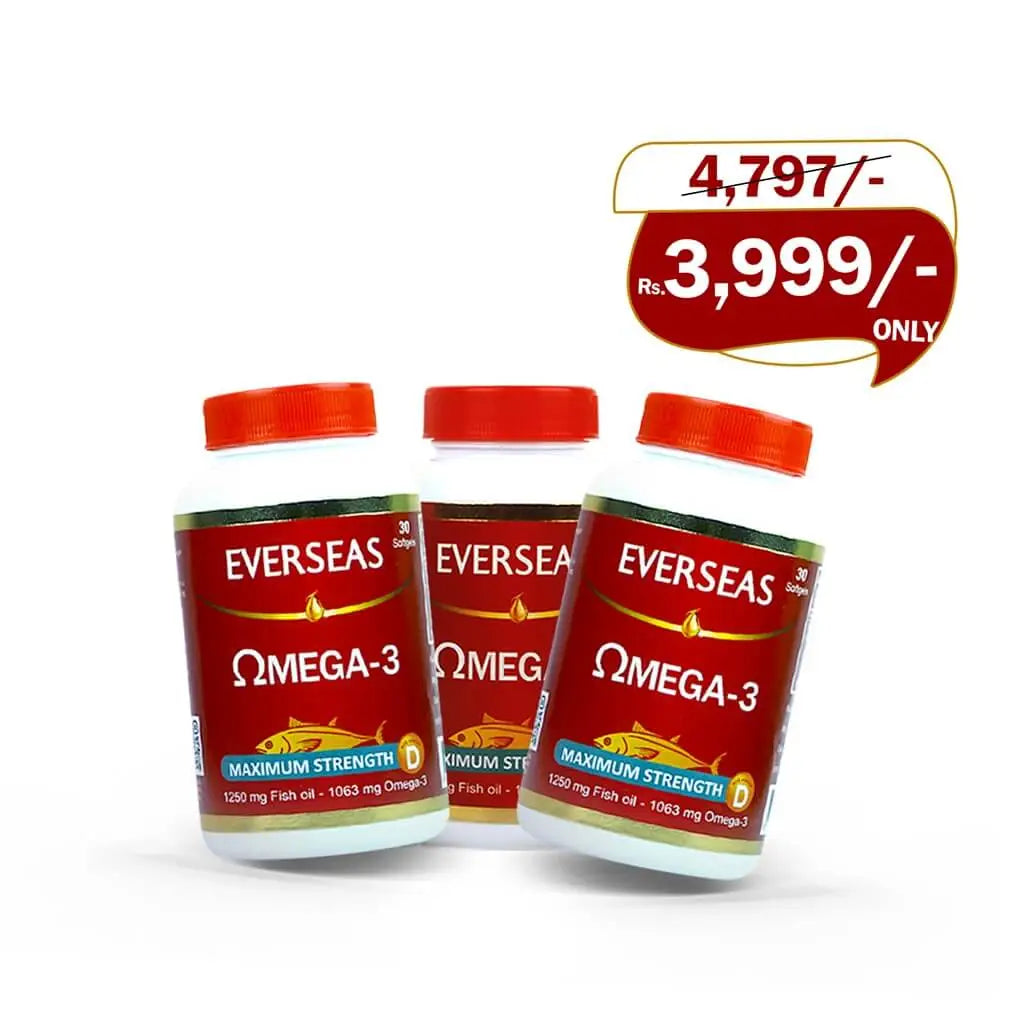 Three bottles of Everseas Omega-3 supplement with a price tag on a white background