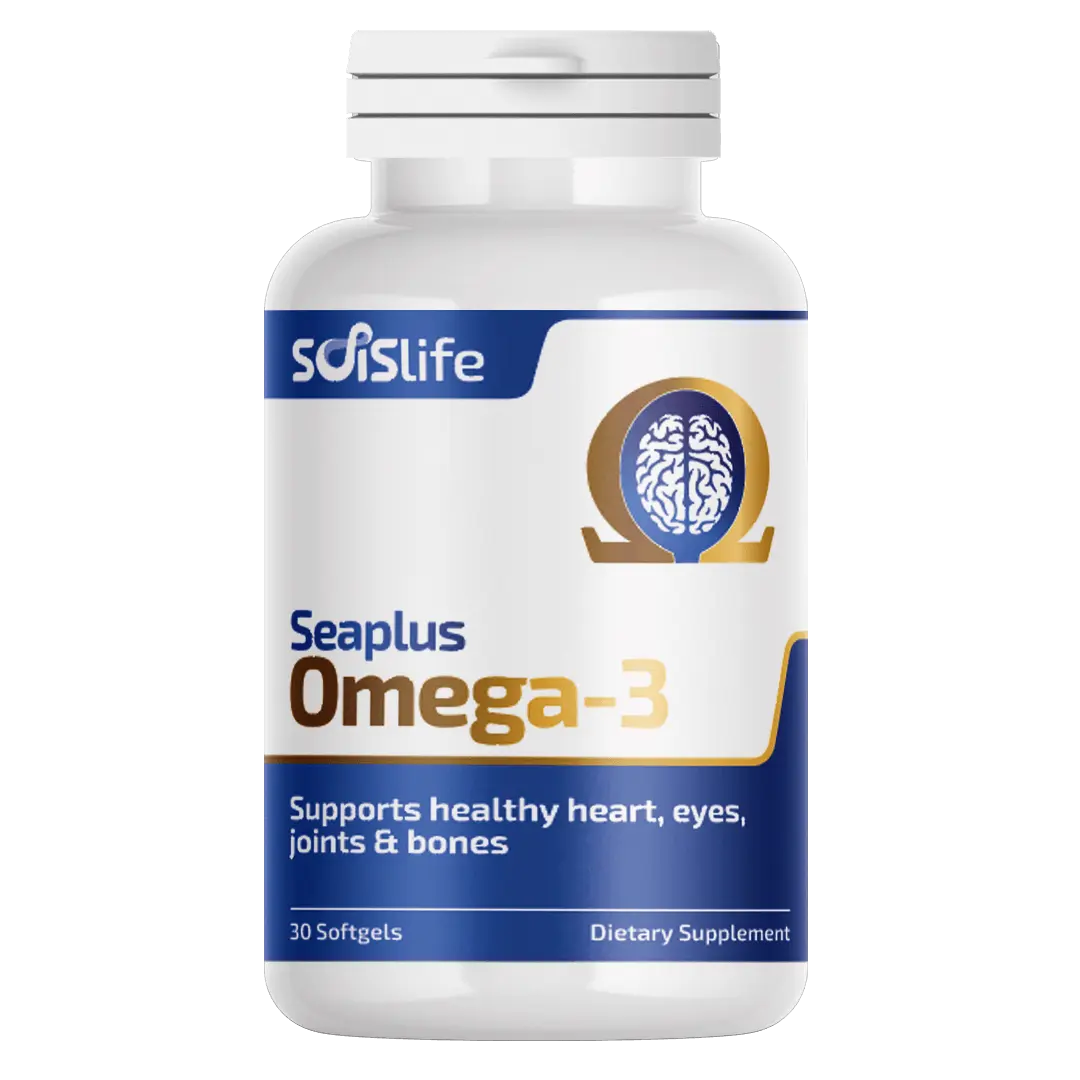 Supplement bottle labeled 'Seaplus Omega-3' by Soislife on a white background