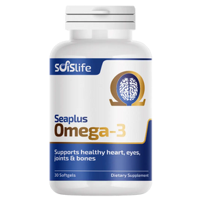 Supplement bottle labeled 'Seaplus Omega-3' by Soislife on a white background