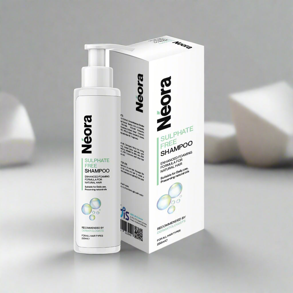 Neora sulfate-free shampoo bottle and packaging on a white background