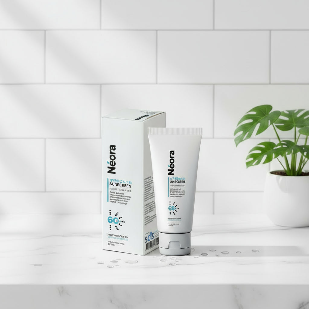 Neora sunscreen tube and packaging on a white background