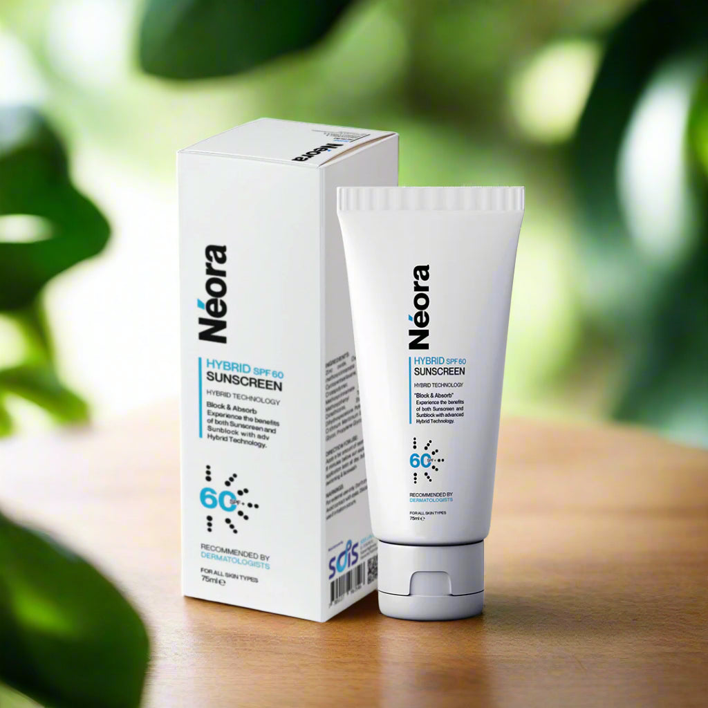 Neora sunscreen tube and packaging on a white background