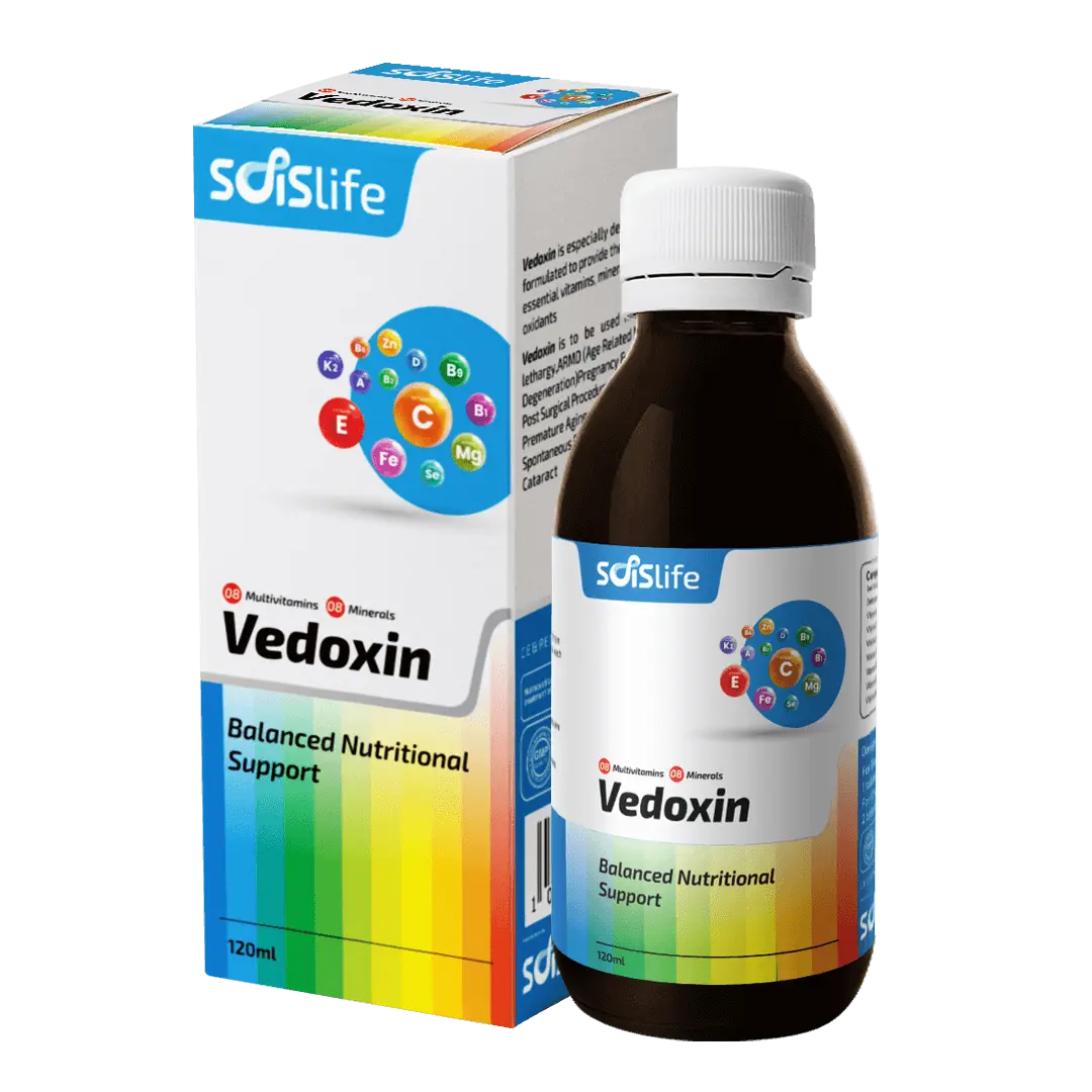 Bottle of Vedoxin nutritional supplement with SoiflLife branding on a white background