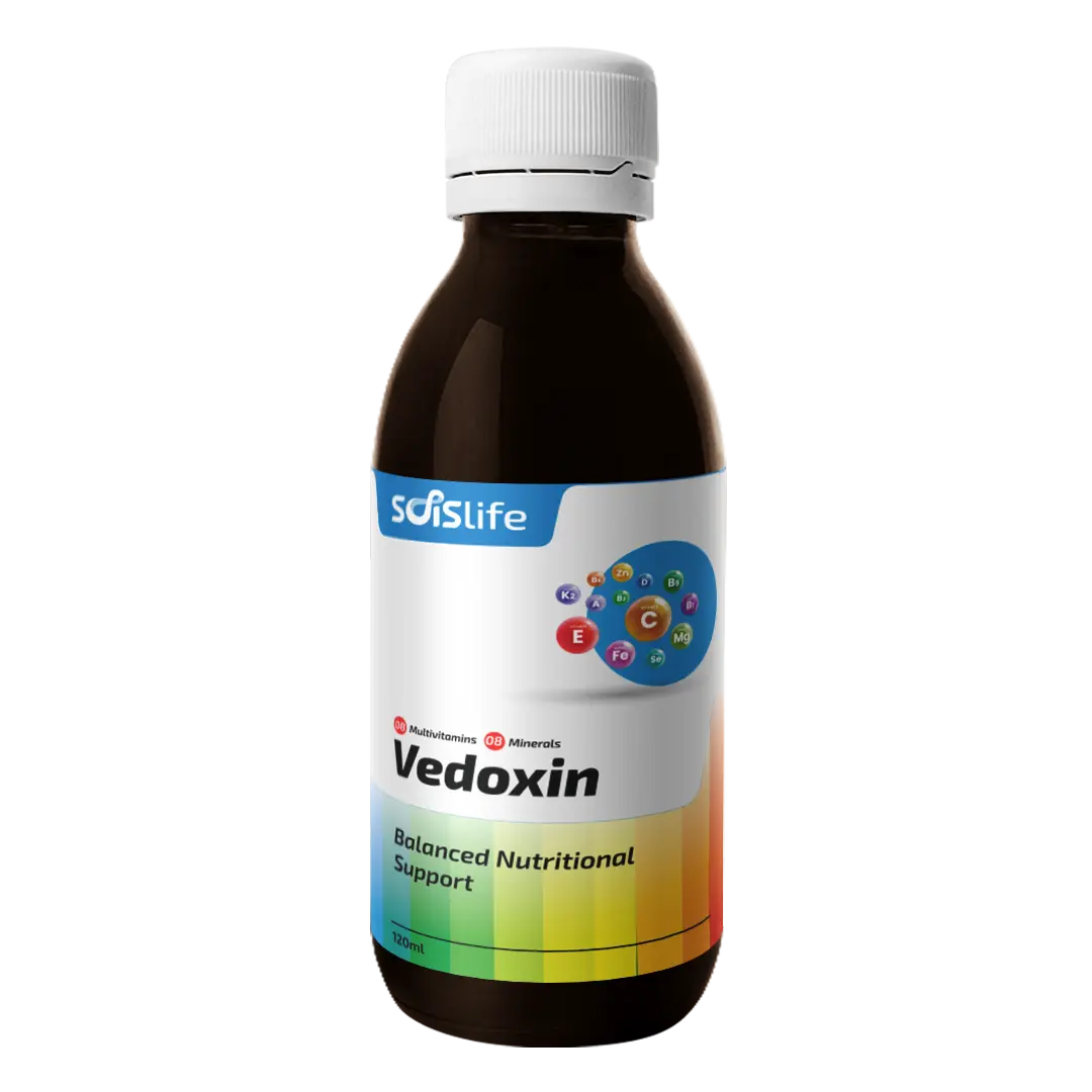 Bottle of Vedoxin nutritional supplement with SoiflLife branding on a white background