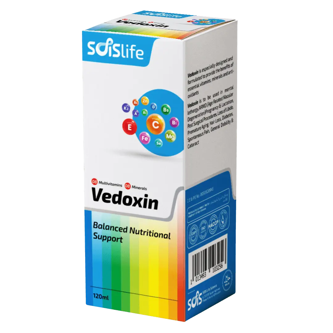 Vedoxin nutritional supplement box with colorful design on a white background