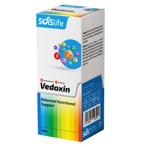 Vedoxin nutritional supplement box with colorful design on a white background