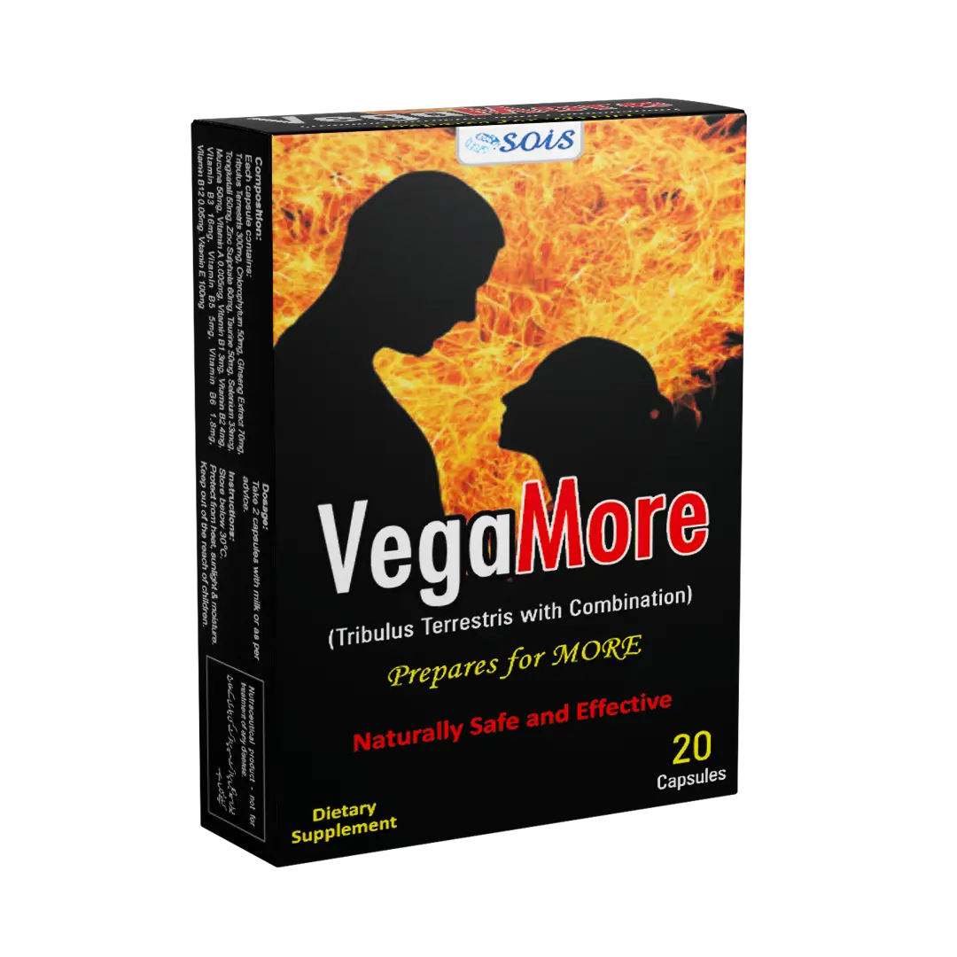 VegaMore supplement bottle with fiery design on a white background