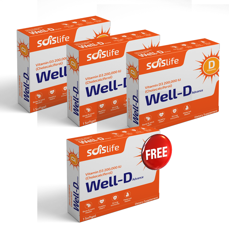Multiple boxes of Well-D vitamin supplements from sdsLife on a white background