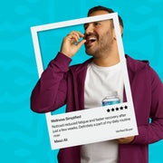 Man holding a product with a five-star rating card against a blue background